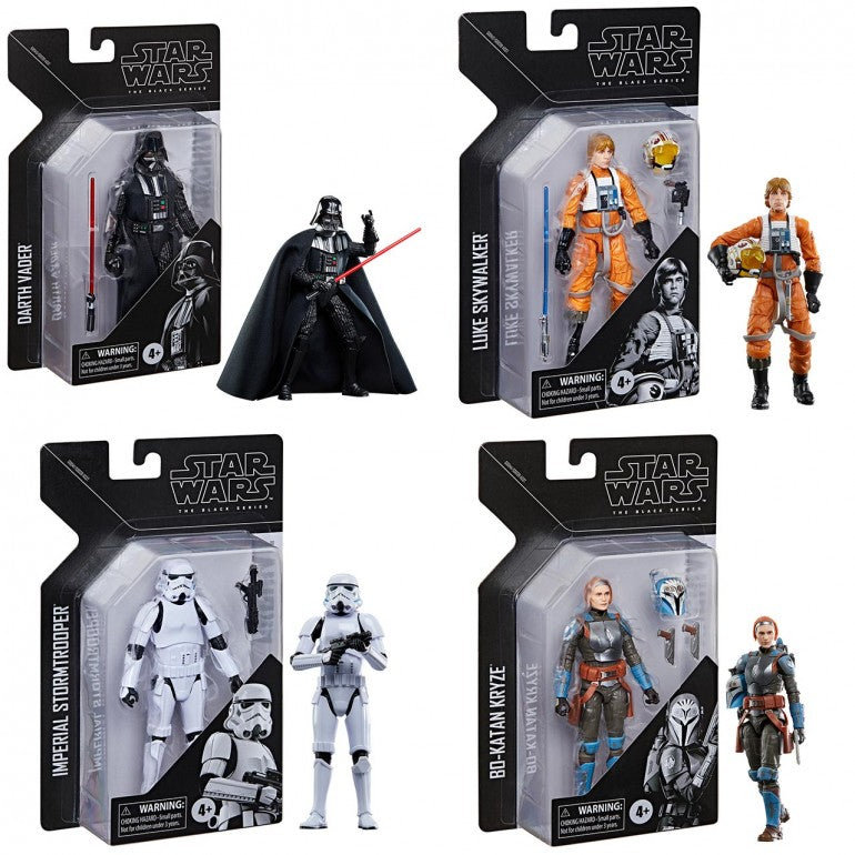 Surtido Star Wars The Black Series Archive en caja: Darth Vader, Luke Skywalker, Stormtrooper y Bo-Katan