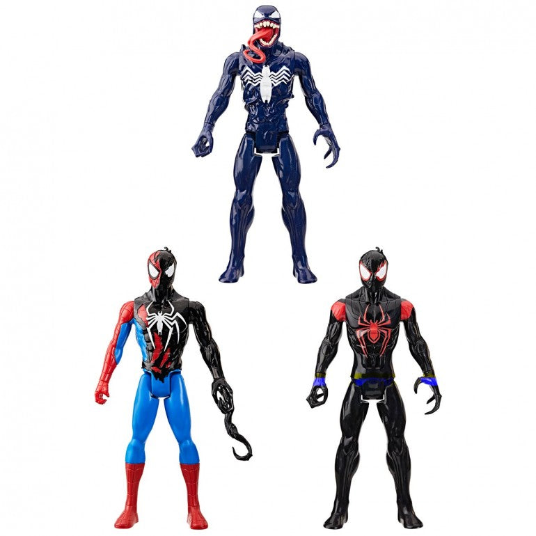 Surtido de figuras Spider-Man Venomversus Titan Hero: Venom, Spider-Man con traje simbionte y Miles Morales