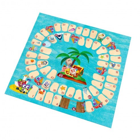 Tablero ilustrado del Juego de la Oca de viaje con isla y casillas