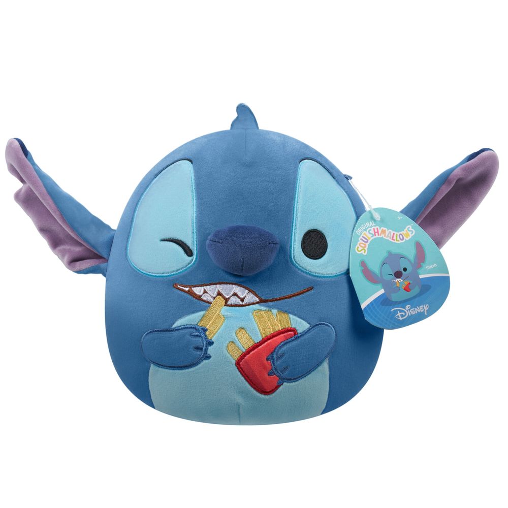 Peluche Squishmallows Stitch guiñando un ojo con papas fritas y etiqueta