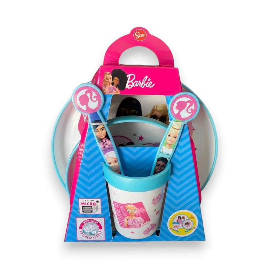 Set de vajilla infantil Barbie de 5 piezas en celeste y rosado: plato, bowl, vaso, cuchara y tenedor