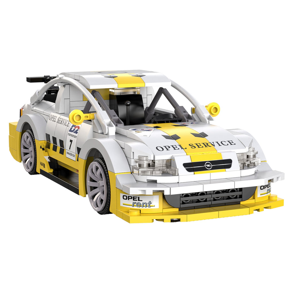 Opel Astra V8 Coupe de bloques CaDA armado, blanco y amarillo, vista frontal