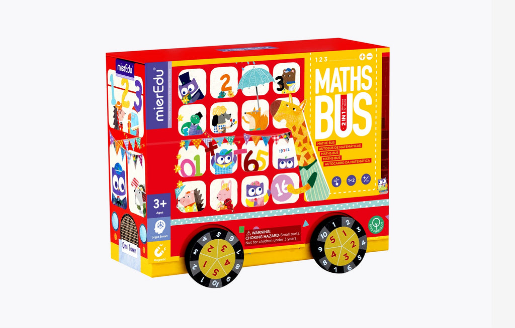 Caja del Autobús Matemático mierEdu con forma de bus rojo