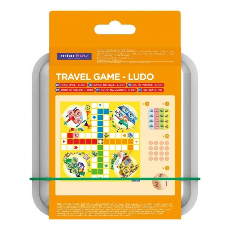 Reverso de la caja del juego de viaje Ludo de mierEdu