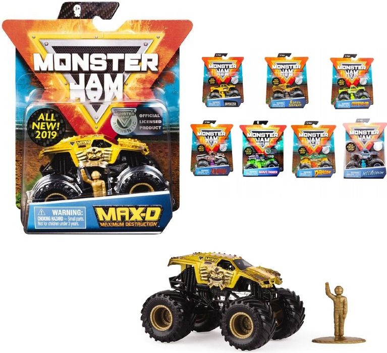 Camión Monster Jam Max-D fuera del empaque junto a su figura de piloto