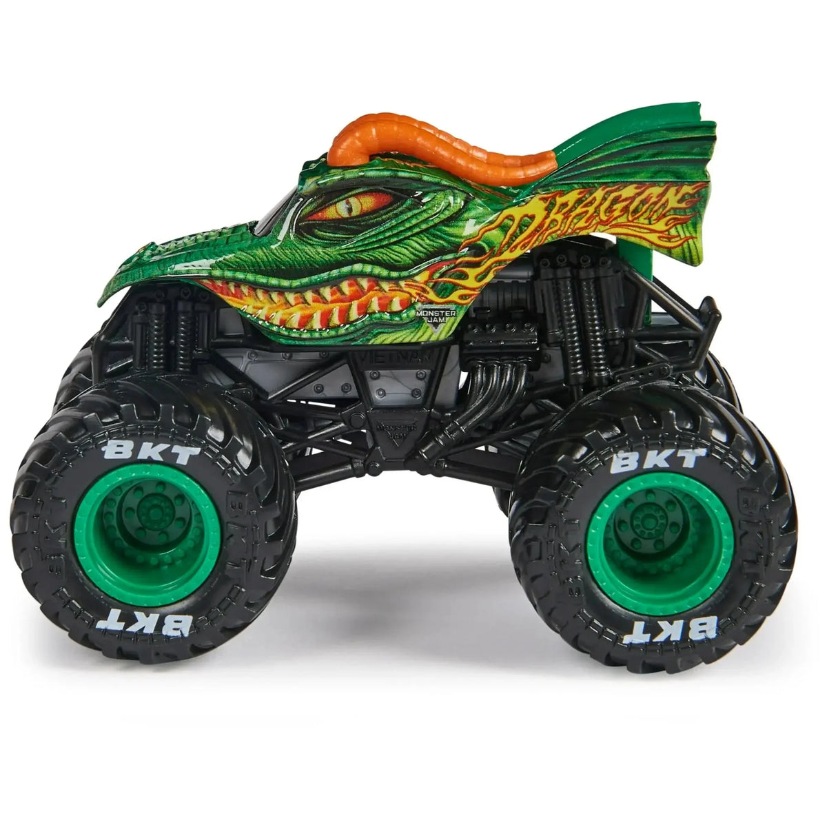 Vista lateral del camión Monster Jam Dragon metálico escala 1:64