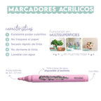 Características de los marcadores acrílicos Mooving: punta redonda de 3,4 mm y uso en cerámica, vidrio y madera