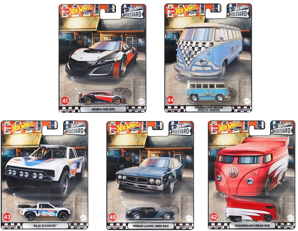 Surtido Hot Wheels Boulevard GJT68 con cinco autos premium en su empaque: Acura NSX, Volkswagen y Nissan Laurel