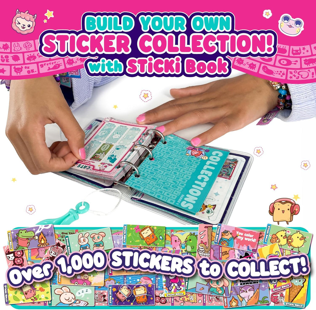 Niña pegando stickers en el álbum Sticki Book