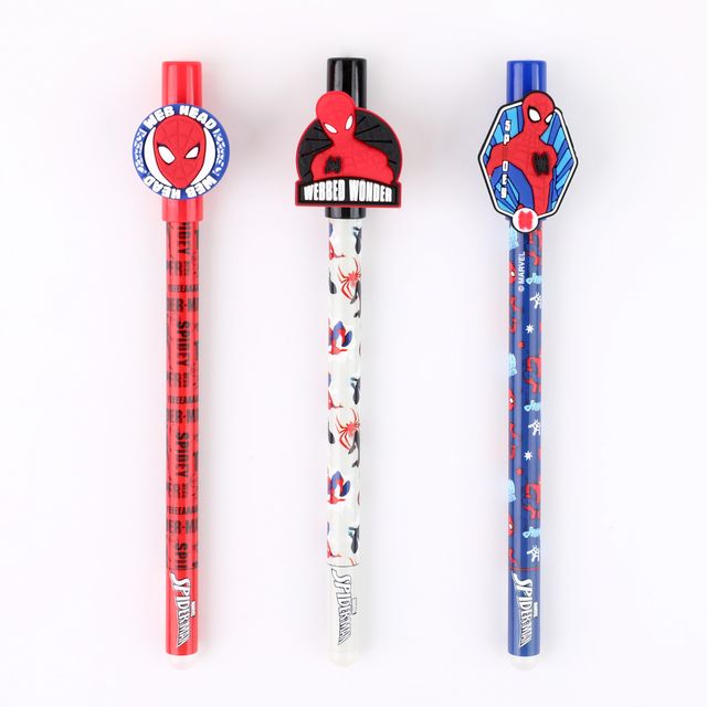 Tres bolígrafos roller borrables Spider-Man de Wero con figura en la tapa, modelos surtidos