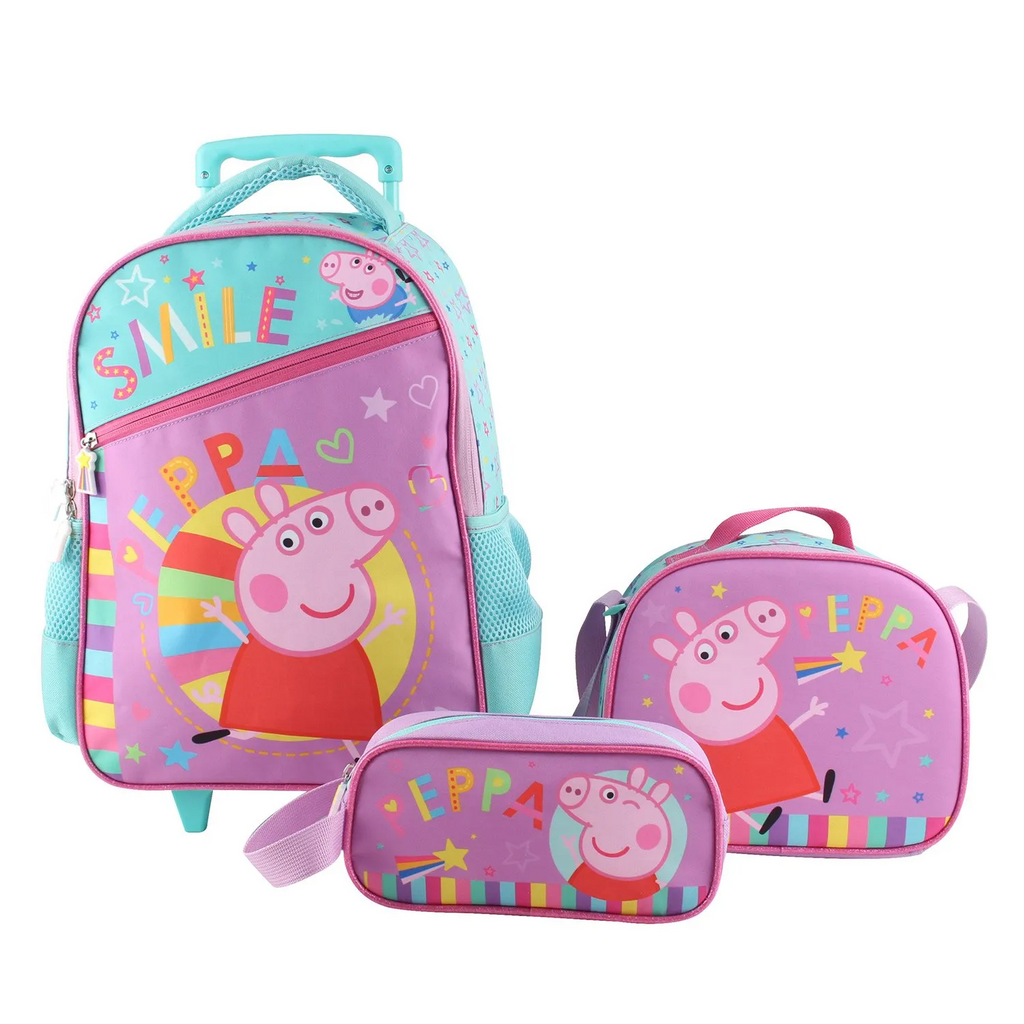Set Escolar Peppa Pig Mochila con Ruedas, Lonchera y Estuche – Intek