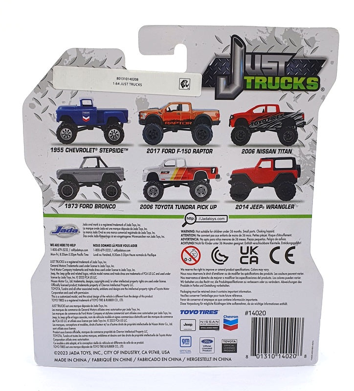 Reverso del blíster Jada Just Trucks 1:64 con los modelos del surtido: Chevrolet, Ford, Nissan, Toyota y Jeep