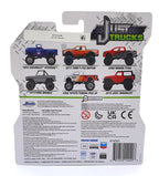 Reverso del blíster Jada Just Trucks 1:64 con los modelos del surtido: Chevrolet, Ford, Nissan, Toyota y Jeep
