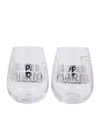 Reverso de los vasos de cristal con el logo Super Mario en plateado