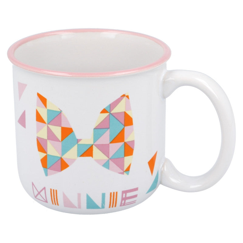 Tazón de cerámica blanco Minnie con moño geométrico de colores y borde rosado