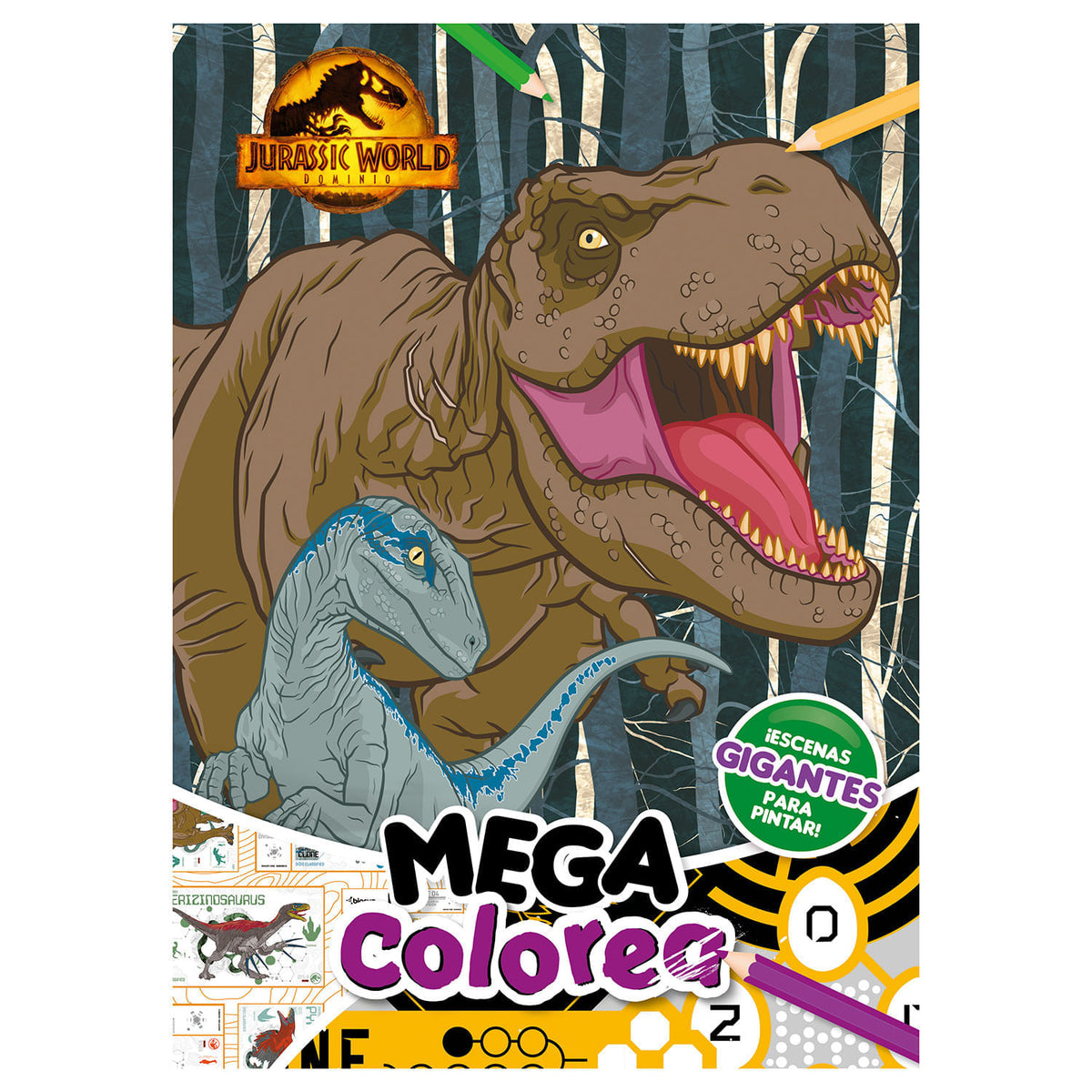 Portada del libro para colorear Mega Colorea Jurassic World con T-Rex y velociraptor Blue