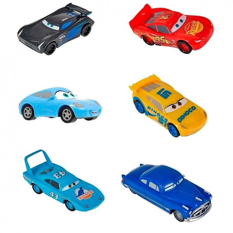Surtido de autos Cars 1:43 pullback: Jackson Storm, Rayo McQueen, Sally, Cruz Ramírez, The King y Doc Hudson