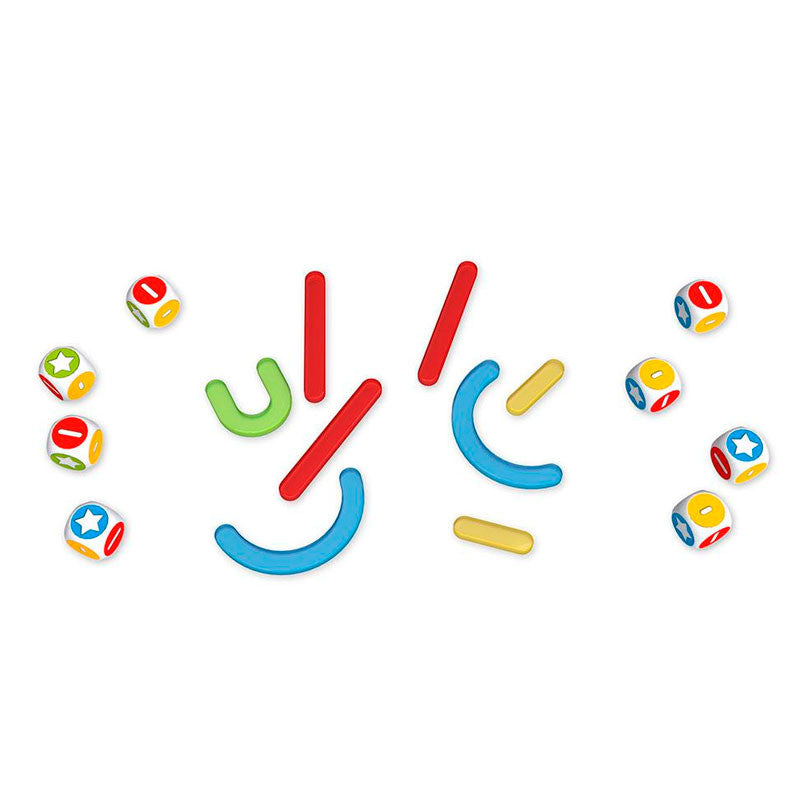 Piezas de colores y dados del juego Wordsmith para formar letras